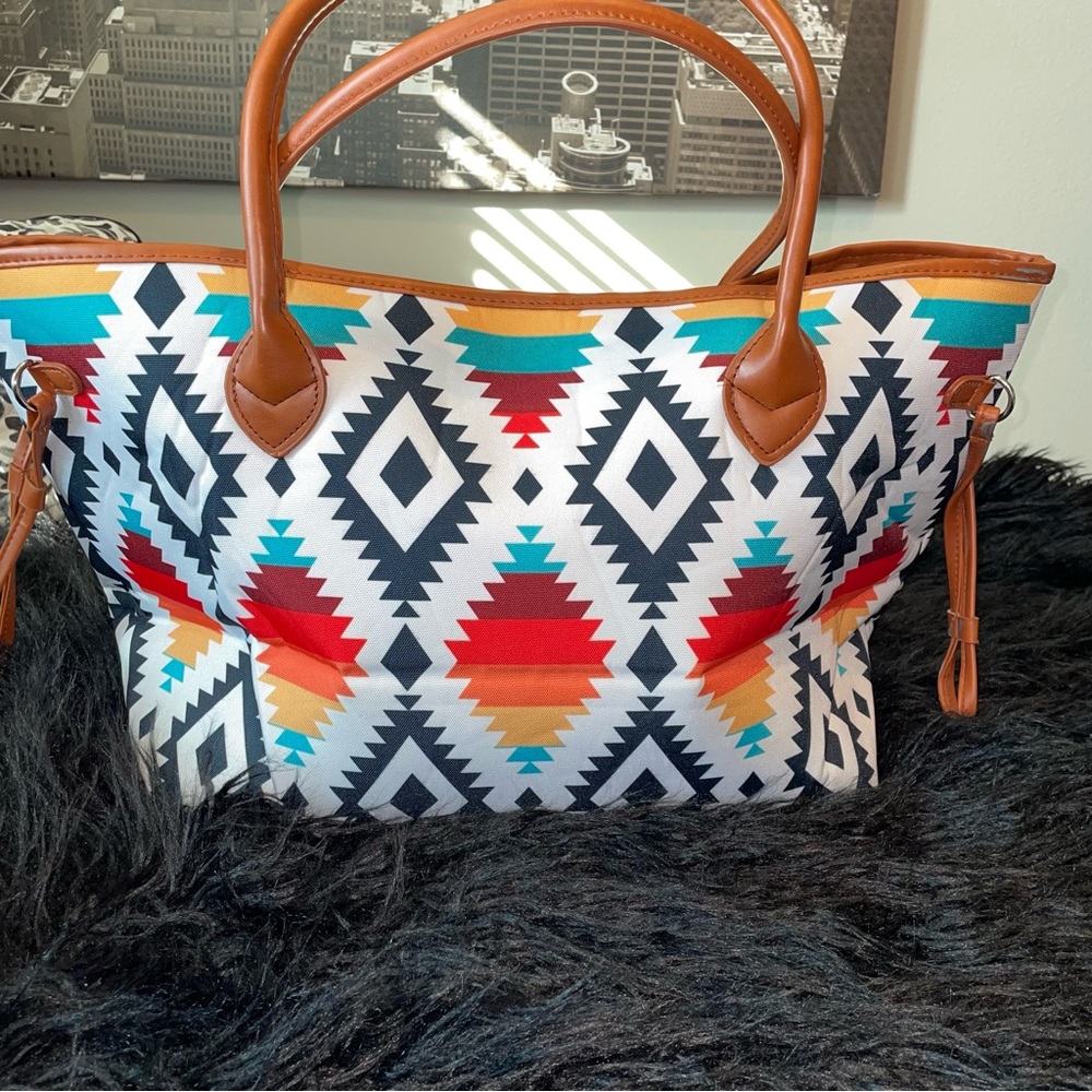Geometric Patterned Tote Bag with Brown Accents